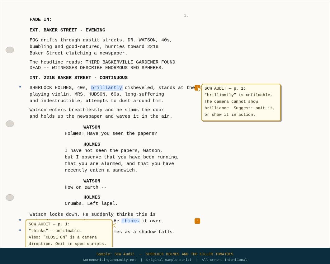Edits to "Sherlock Holmes and the Killer Tomatoes" sample script.